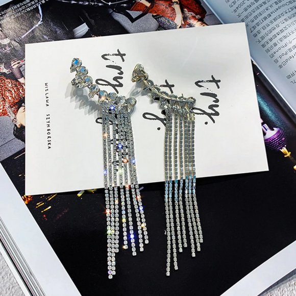 Long Tassel Rhinestone Drop Earrings - Picture 7 of 15